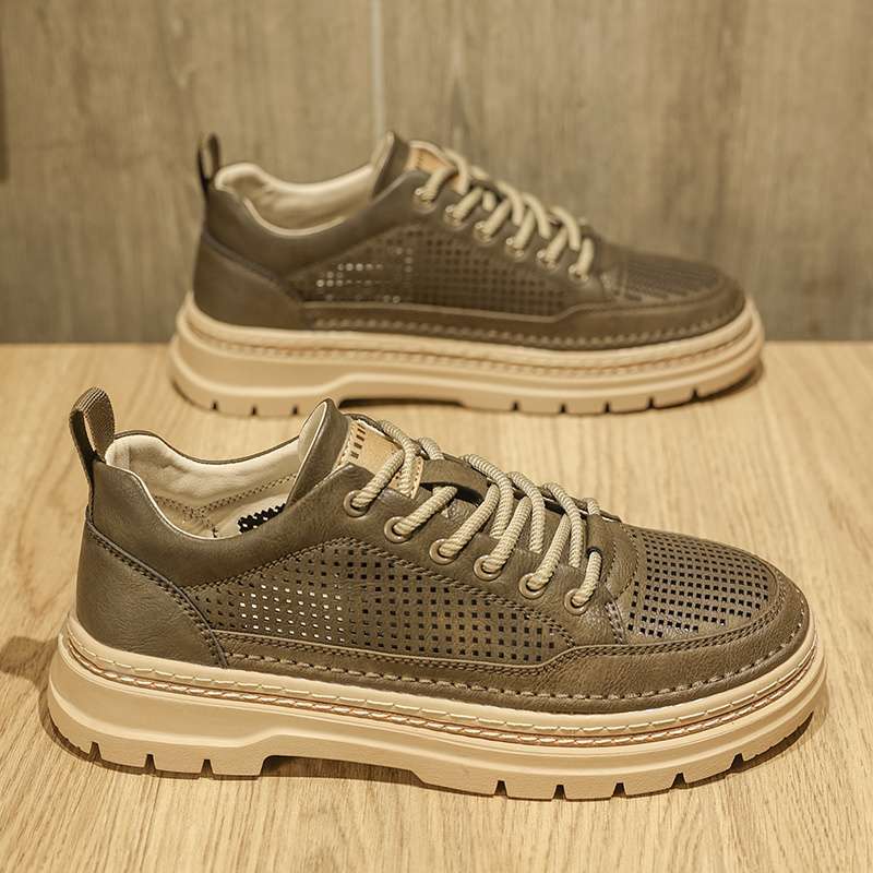 Men's Summer Breathable Thin Hollow-Out Casual Leather Shoes Popular Workwear Style Martin Boots